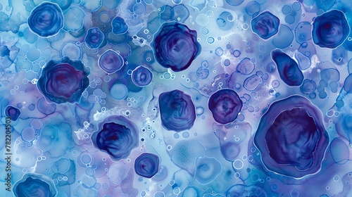 Animal cells in a dynamic array, depicting nuclei and cytoplasm with soft watercolor washes in blues and purples photo