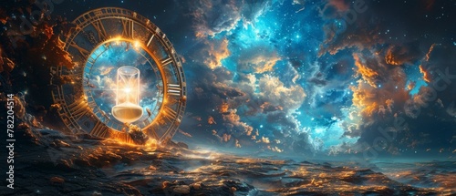 An hourglass hovers in the universe with a glowing star inside a clock. It stands on an ancient petrified ammonite absorbing a black hole against the dramatic backdrop of a cloudless sky. photo
