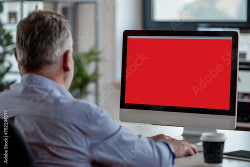 Application mockupover the shoulder shot of a middle-aged man in front of a computer with an entirely red screen