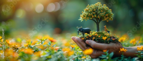 Conceptual illustration for World Animal Day or Wildlife Day with an elephant, tiger, deer, parrot, and green tree. Environmental protection, nature preservation, protection of endangered species, #782204597