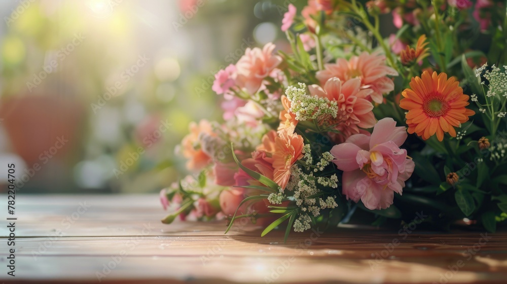 A bunch of flowers on a rustic wooden table. Suitable for various occasions and events