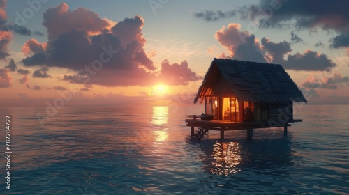 A small hut sitting on top of a body of water. Suitable for various design projects
