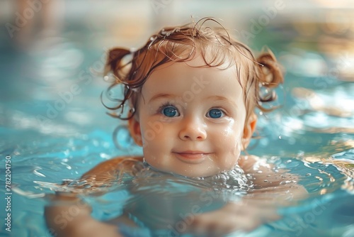 Beautiful little girl learning to swim in the water of the pool  looking at the camera
