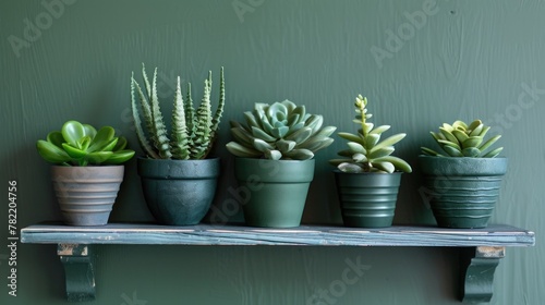 A row of potted succulents displayed on a shelf. Ideal for home decor or gardening concepts