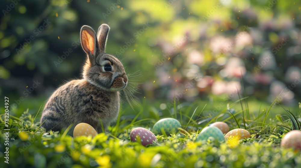 A cute rabbit sitting in the grass surrounded by colorful Easter eggs. Perfect for Easter-themed designs