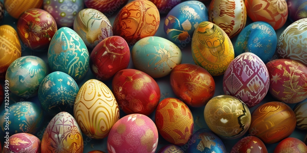 Vibrant Easter eggs displayed on a table. Perfect for holiday designs Vibrant Easter eggs displayed on a table. Perfect for holiday designs