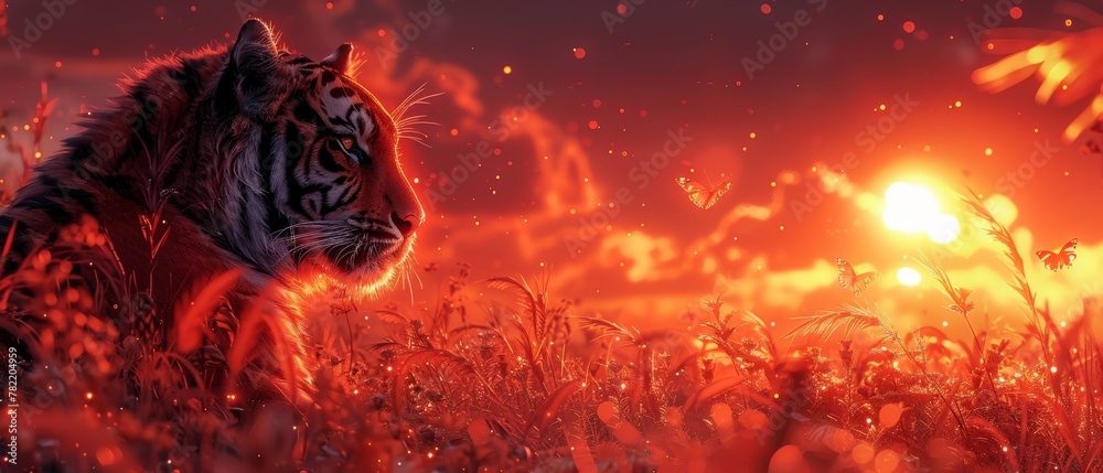 Wild animal portrait of pride with beautiful panthera tigris, spectacular sun light, dramatic red cloudy sky. Sunset in jungles with butterflies and palm trees. - obrazy, fototapety, plakaty 