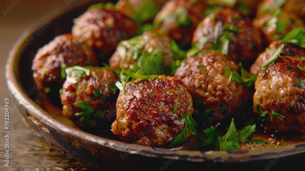 A bowl filled with meatballs covered in parsley. Perfect for food and cooking concepts A bowl filled with meatballs covered in parsley. Perfect for food and cooking concepts
