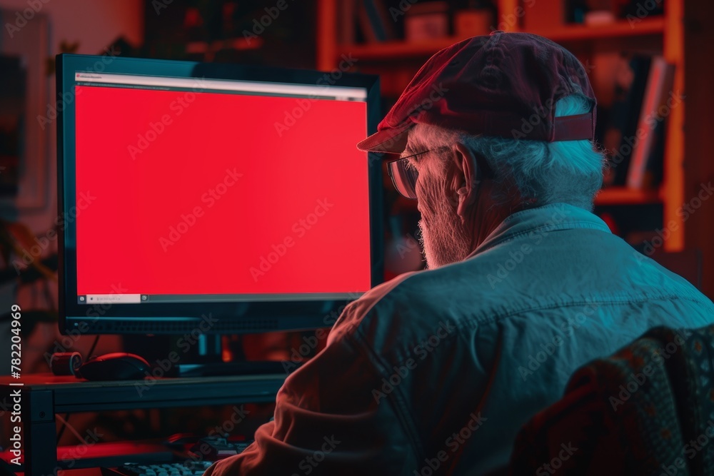 Digital mockup over a shoulder of a senior citizen man in front of a computer with an entirely red screen