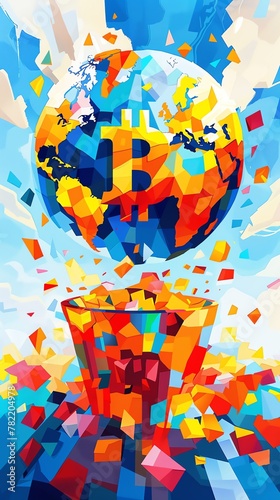 Watercolor map of the world with highlighted Bitcoin hotspots, showcasing global acceptance, painted in a blend of earthy tones