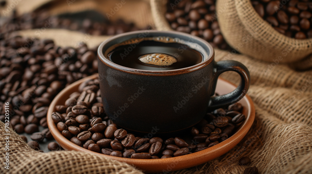 Сup of black strong rich espresso coffee and coffee beans from coffee bazar or coffee shop Сup of black strong rich espresso coffee and coffee beans from coffee bazar or coffee shop