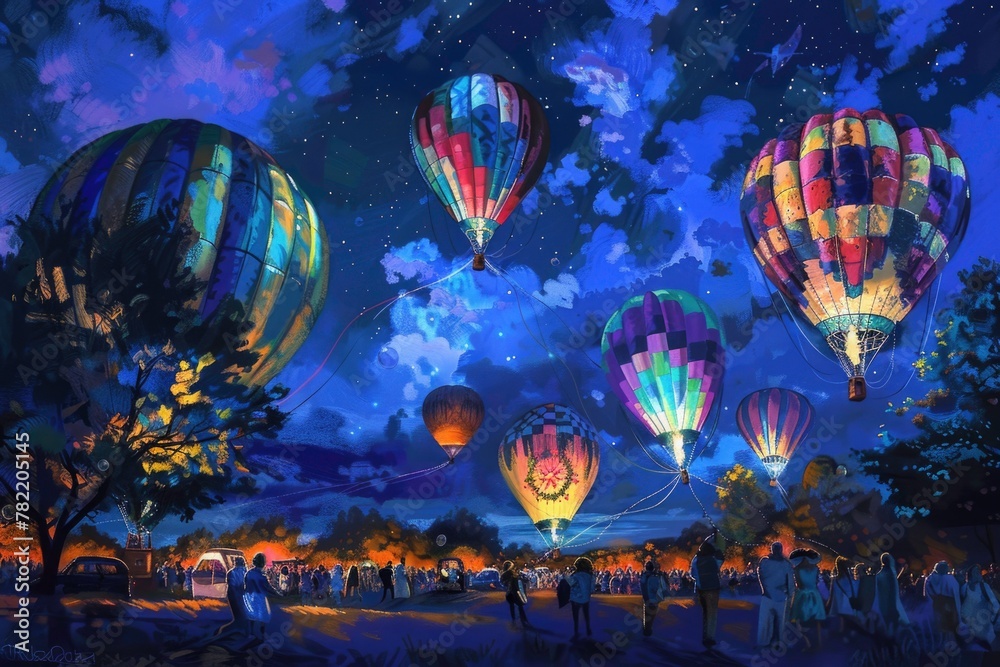 Fototapeta premium colorful painting of many hot air balloons at night.