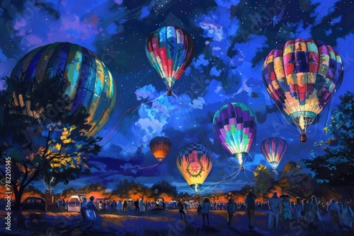 colorful painting of many hot air balloons at night.
