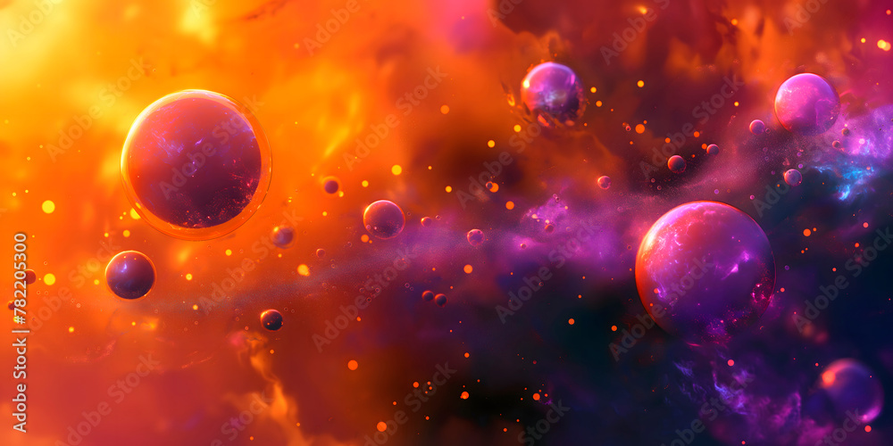 Vibrant and captivating cosmic background in acid orange hue adorned with purple spheres, evoking a sense of celestial wonder. Perfect for futuristic designs Vibrant and captivating cosmic background in acid orange hue adorned with purple spheres, evoking a sense of celestial wonder. Perfect for futuristic designs