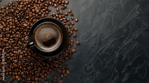 Сup of black strong rich espresso coffee on a dark table, Arabica coffee beans scattered around, ideal for background 