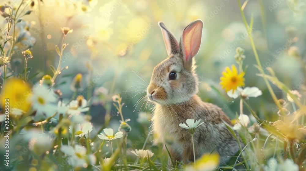 A rabbit sitting in a field of colorful flowers. Suitable for nature and wildlife concepts