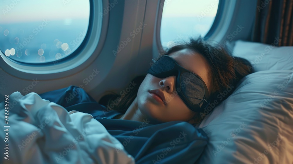 Woman laying in bed with a blindfold, suitable for sleep and relaxation concepts Woman laying in bed with a blindfold, suitable for sleep and relaxation concepts