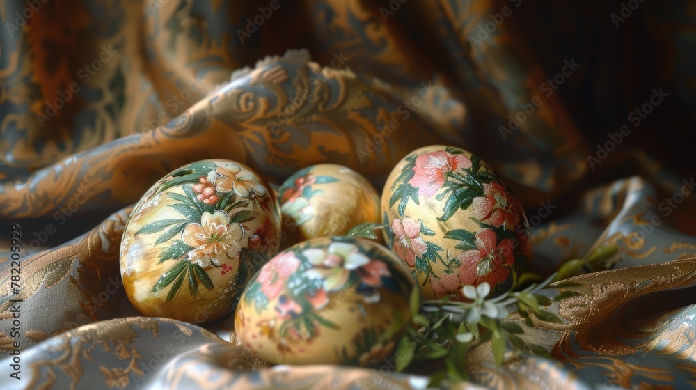 Colorful painted eggs arranged on a cloth. Suitable for Easter and spring themes