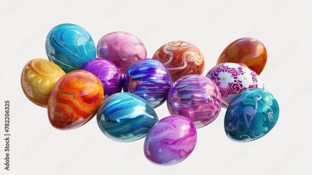 Colorful marbled eggs on a white surface, perfect for Easter-themed designs