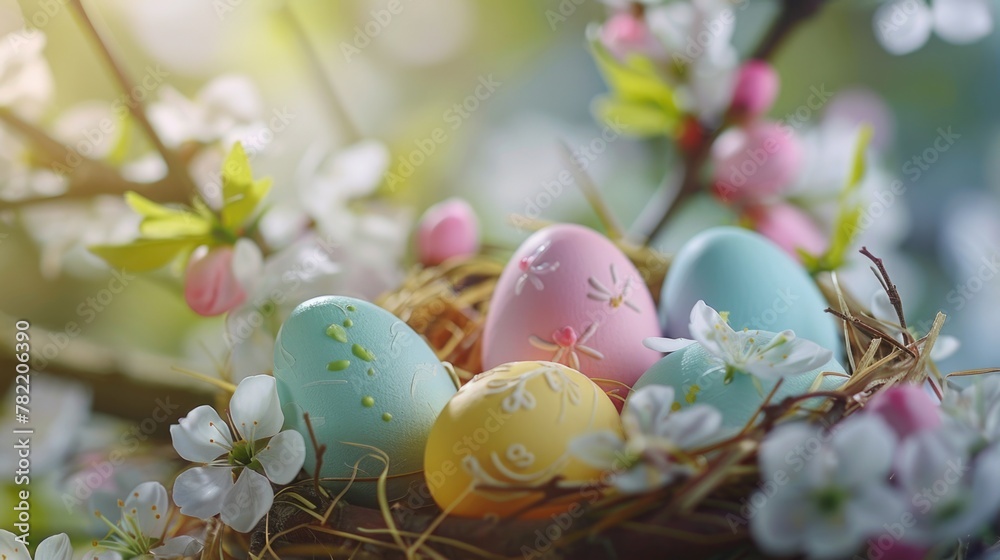 Colorful Easter eggs in a nest on a tree. Suitable for Easter holiday concepts