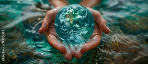 Concept of Water Day or World Oceans Day as a part of environmental conservation and climate literacy, saving the planet, protecting it, and living sustainably. Human hand drop on pure sea photo