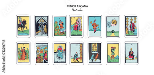 Tarot cards vector deck . Minor Arcana Pentacles set. Occult esoteric spiritual Tarot Ace, King, Queen, Knight, Page, Two through Ten signs. Isolated colored hand drawn illustrations
