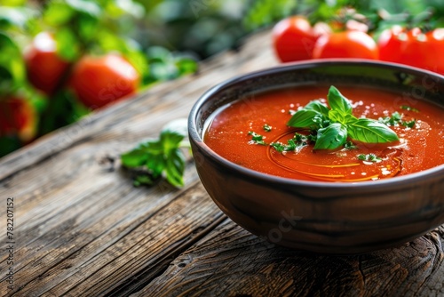 A bowl of tomato soup on a rustic wooden table, perfect for food blogs or recipe websites