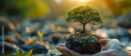 This is the Earth Day or World Environment Day. Save our planet, restore and protect nature, sustain a sustainable lifestyle, and promote climate literacy. A tree grows on a globe in your hands. photo