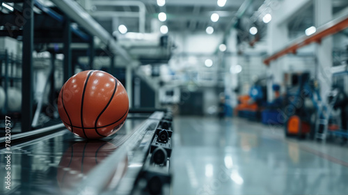 A basketball moves on a conveyor belt in a sports equipment factory