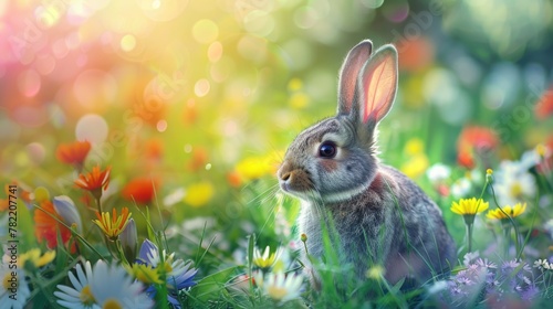 A cute rabbit sitting in a field of colorful flowers. Ideal for nature and wildlife themes