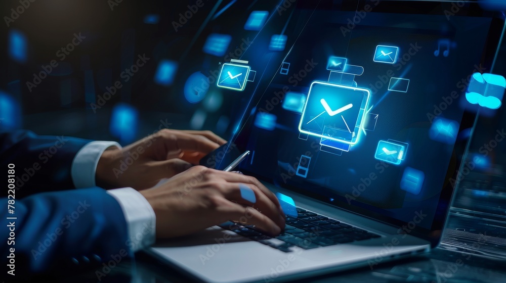 Fototapeta premium Businessman works on laptop computer with electronic document, folder, and files icon on virtual screen, cloud computing concept.
