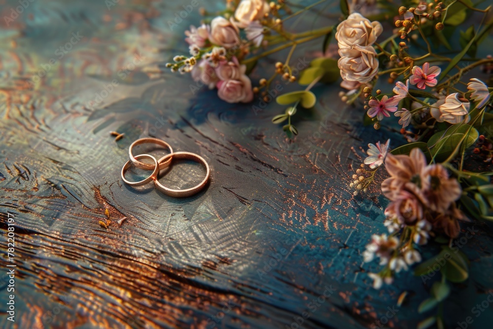 Two wedding rings displayed on a wooden table. Perfect for wedding themes Two wedding rings displayed on a wooden table. Perfect for wedding themes