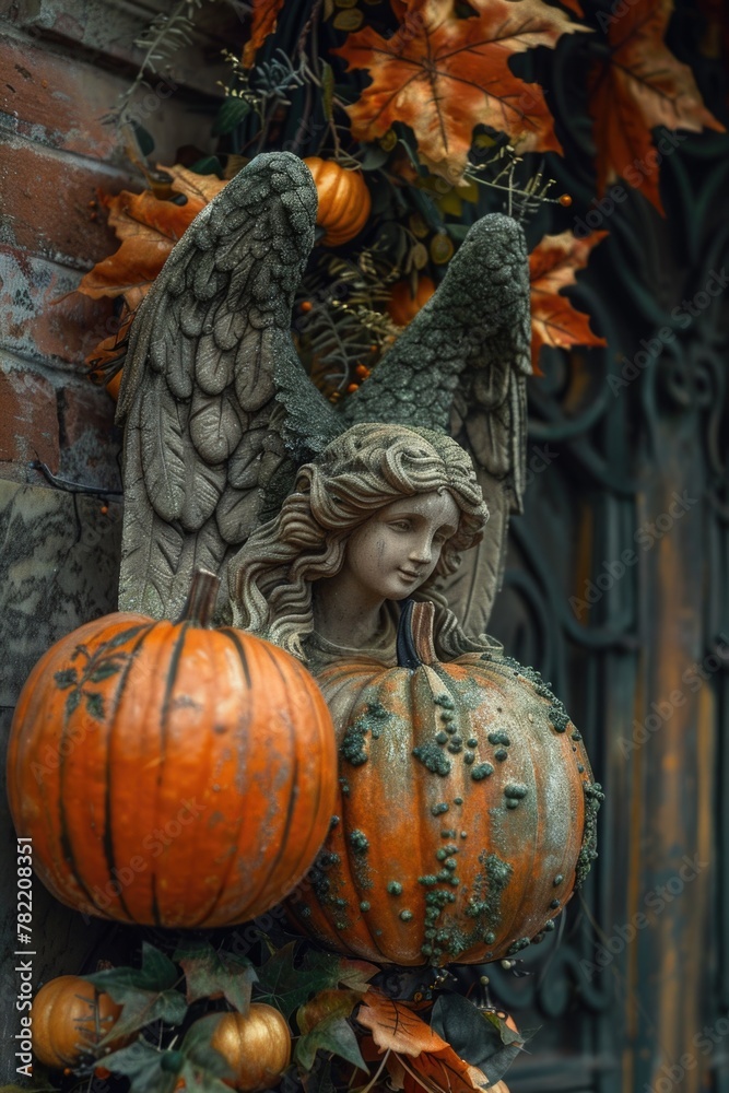 Statue of an angel holding a pumpkin, suitable for Halloween decorations