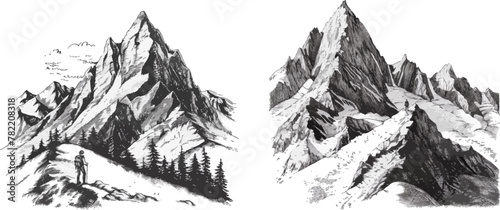 Nature highlands drawing, mountains landscape engraving. Vector isolated illustration sign s © Zaleman