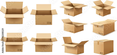 Open and closed cardboard box. Delivery package in side, front and top view