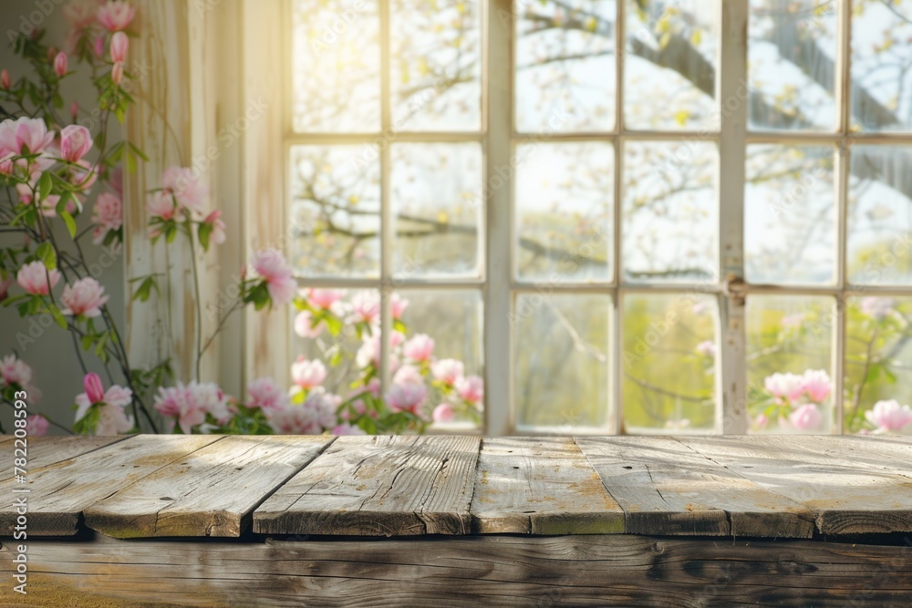 A wooden table placed in front of a window. Ideal for home decor or interior design concepts