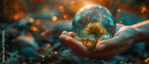 Save our planet and forest, restore and protect green nature. Live and dry tree and globe in hand, choosing future. photo
