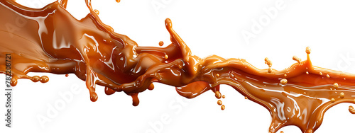 A horizontal of caramel sauce splashing and dripping on the side a white background  photo
