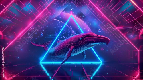 beautiful background of a whale with retro neon triangles in high resolution
