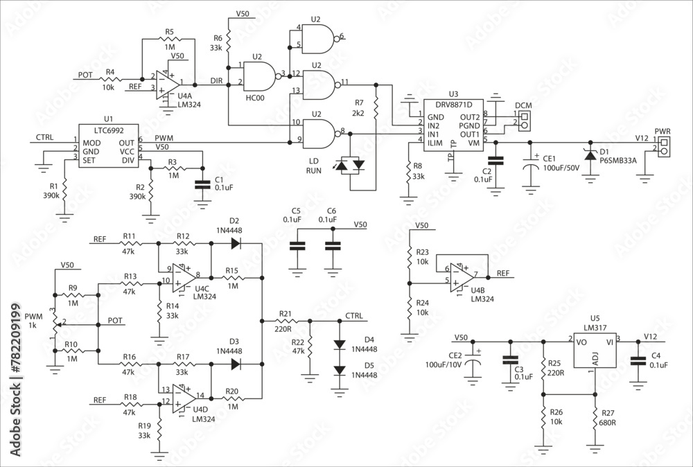 Schematic diagram of electronic device.
Vector drawing electrical circuit with 
logic gate, operational amplifier, 
microcontroller, integrated circuit, 
resistor, capacitor, diode on paper sheet.
