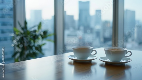 Two cups of coffee on a table in front of a window. Perfect for coffee shop or cozy home interior