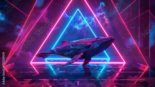 Beautiful background of a whale with retro neon triangles in high resolution and high quality. concept wallpaper