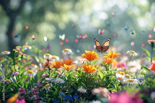 A butterfly is flying in a field of flowers © itchaznong