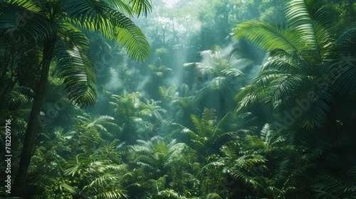 Lush greenery and dense foliage in a misty forest.