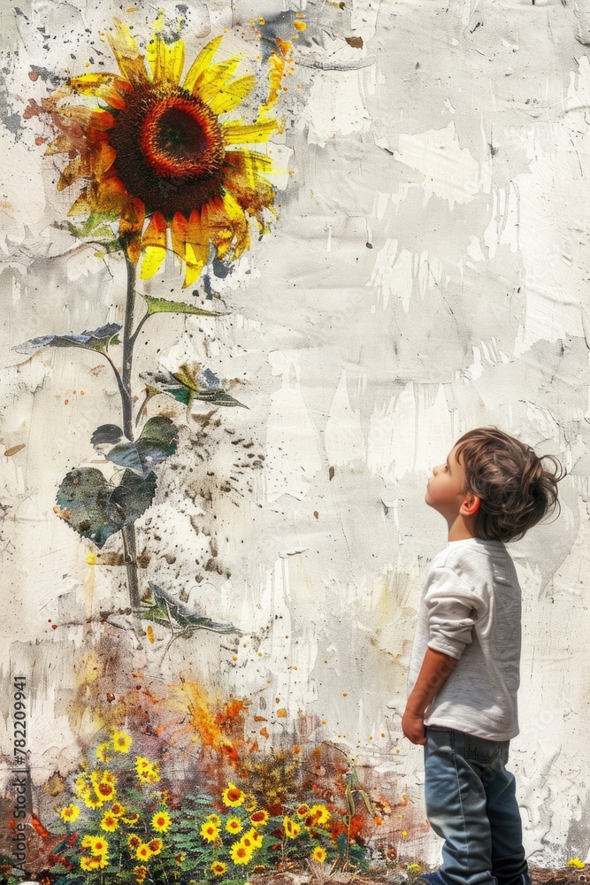 Obraz premium A little boy standing in front of a painted sunflower. Great for educational materials