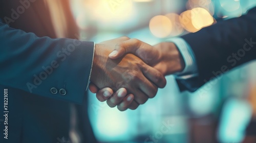A businessman shaking hands with a partner, greeting, doing business, merging, acquiring, and doing business together. A joint venture may also be shown, as well as a copy area for business, finance, photo