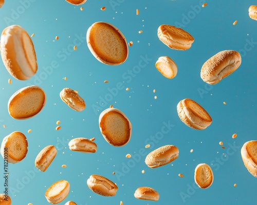 Bread balloons floating in a clear blue sky, midday, birds-eye view, airy delight