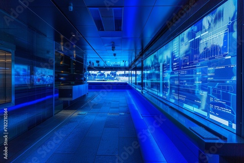 Digital bank office, multiple screens, panoramic view, modern, cool blue light
