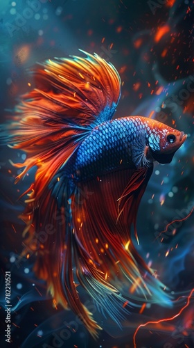 Betta fish with elemental powers, battling in a magical tournament, lightning backdrop, fantasy.