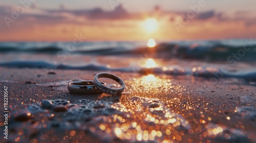 Wedding rings resting on sandy beach at sunset. Suitable for wedding or love concept designs © Fotograf